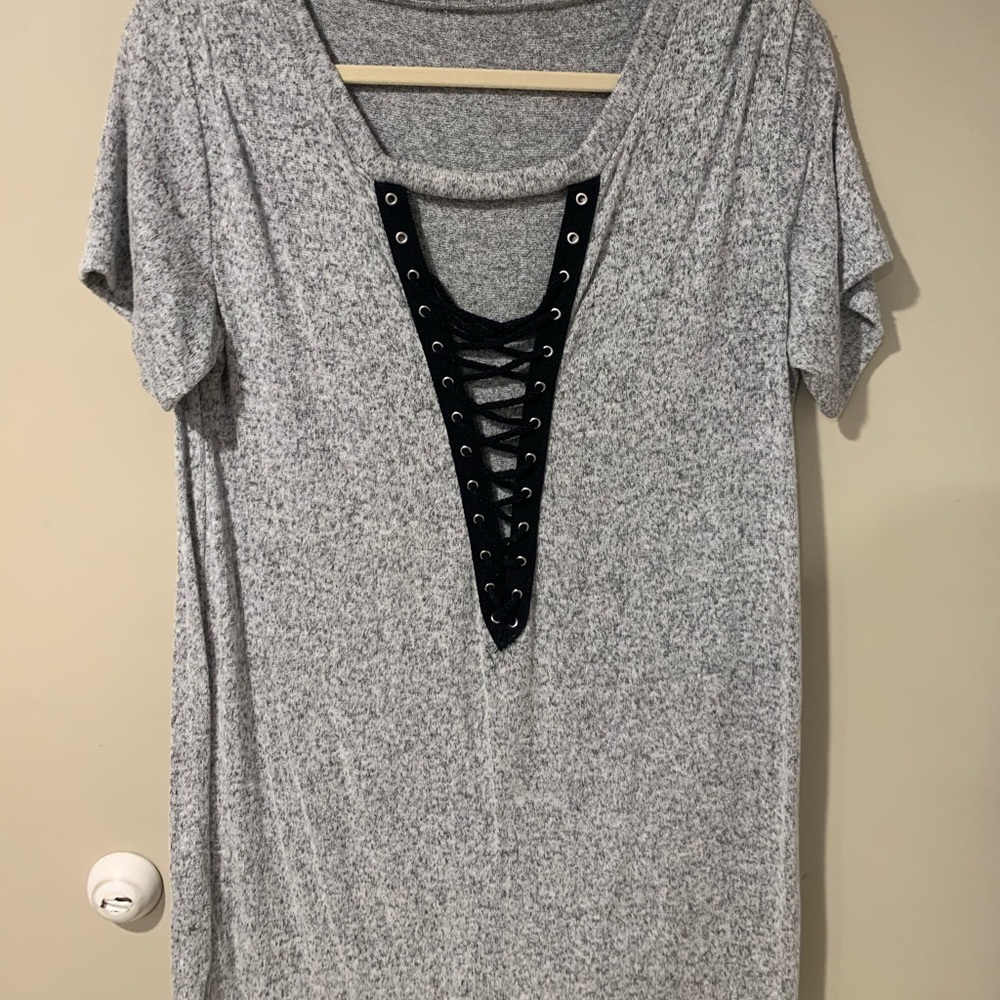 Grey & Black Deep V Lace-Up Mini Dress, Size M